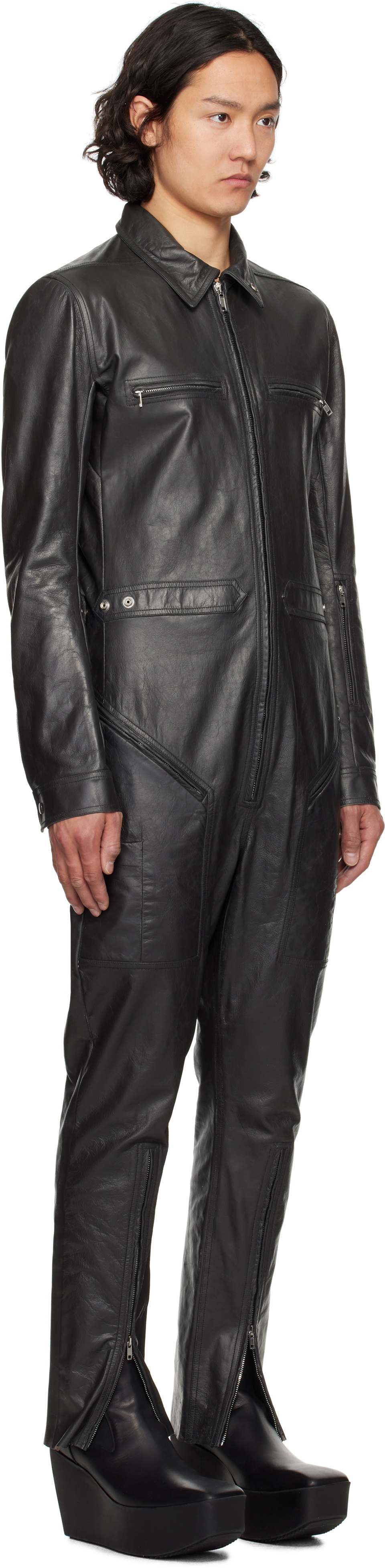 Rick Owens Black Hollywood Headon Flightsuit Leather Jumpsuit Rick