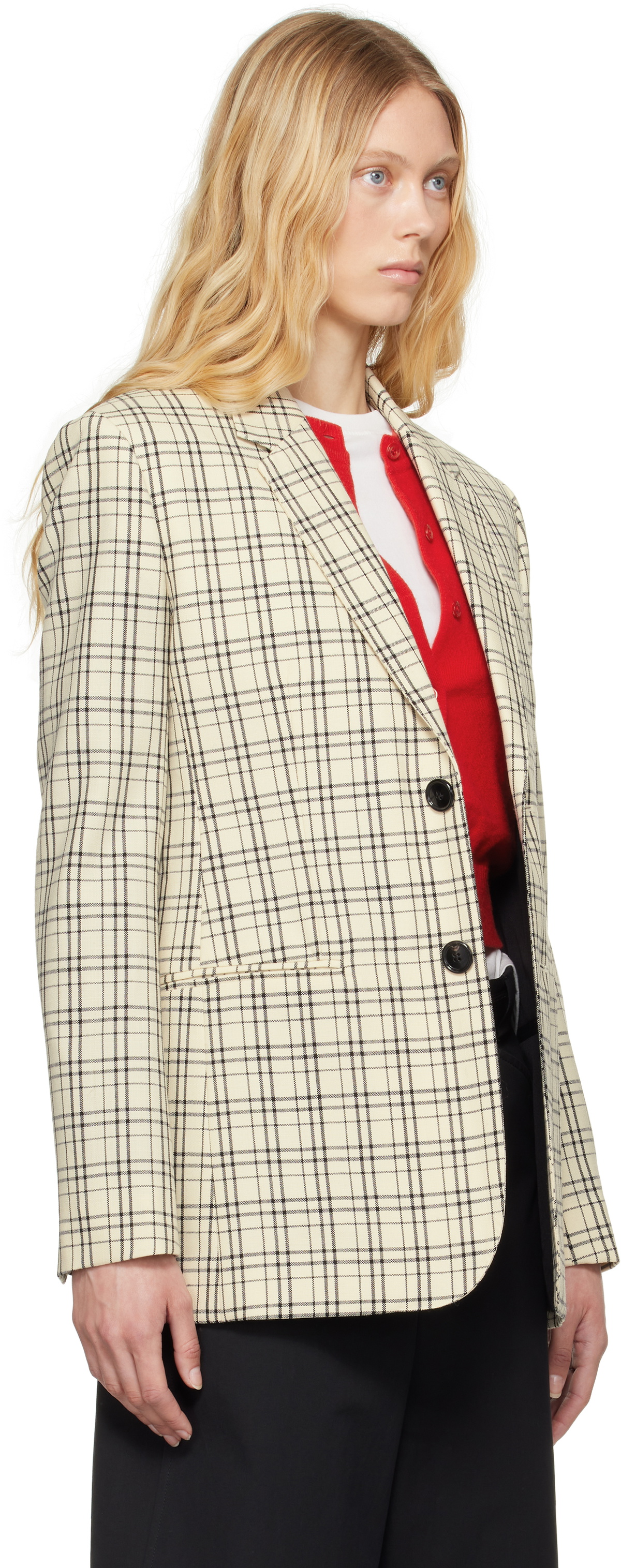 AMI Paris Beige Checked Wool Semi-Lined Blazer