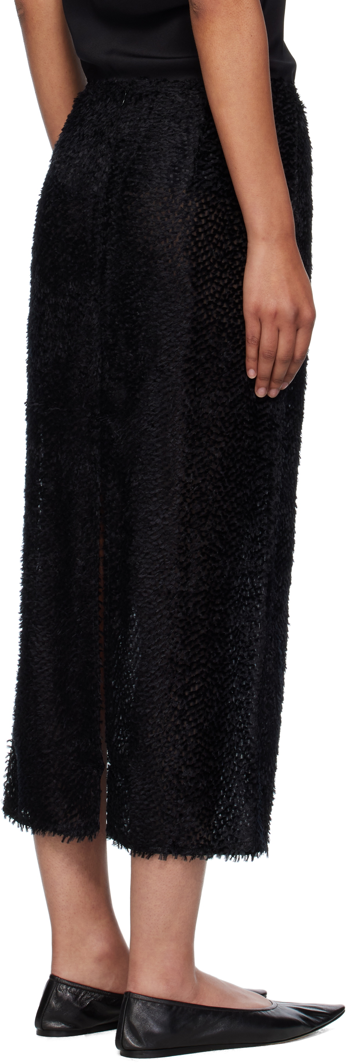 St. Agni Black Feathered Silk Midi Skirt