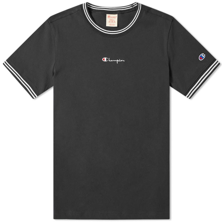 Photo: Champion Reverse Weave Script Logo Stripe Neck Tee Black