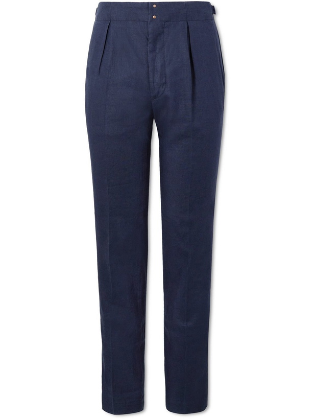 Photo: Incotex - Venezia 1951 Tapered Pleated Linen Trousers - Blue