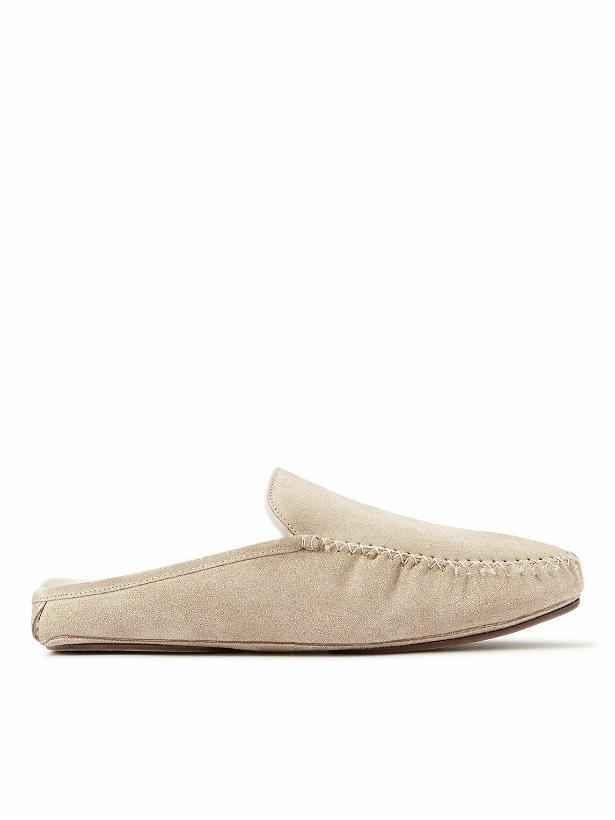 Photo: Manolo Blahnik - Crawford Shearling-Lined Suede Slippers - Neutrals