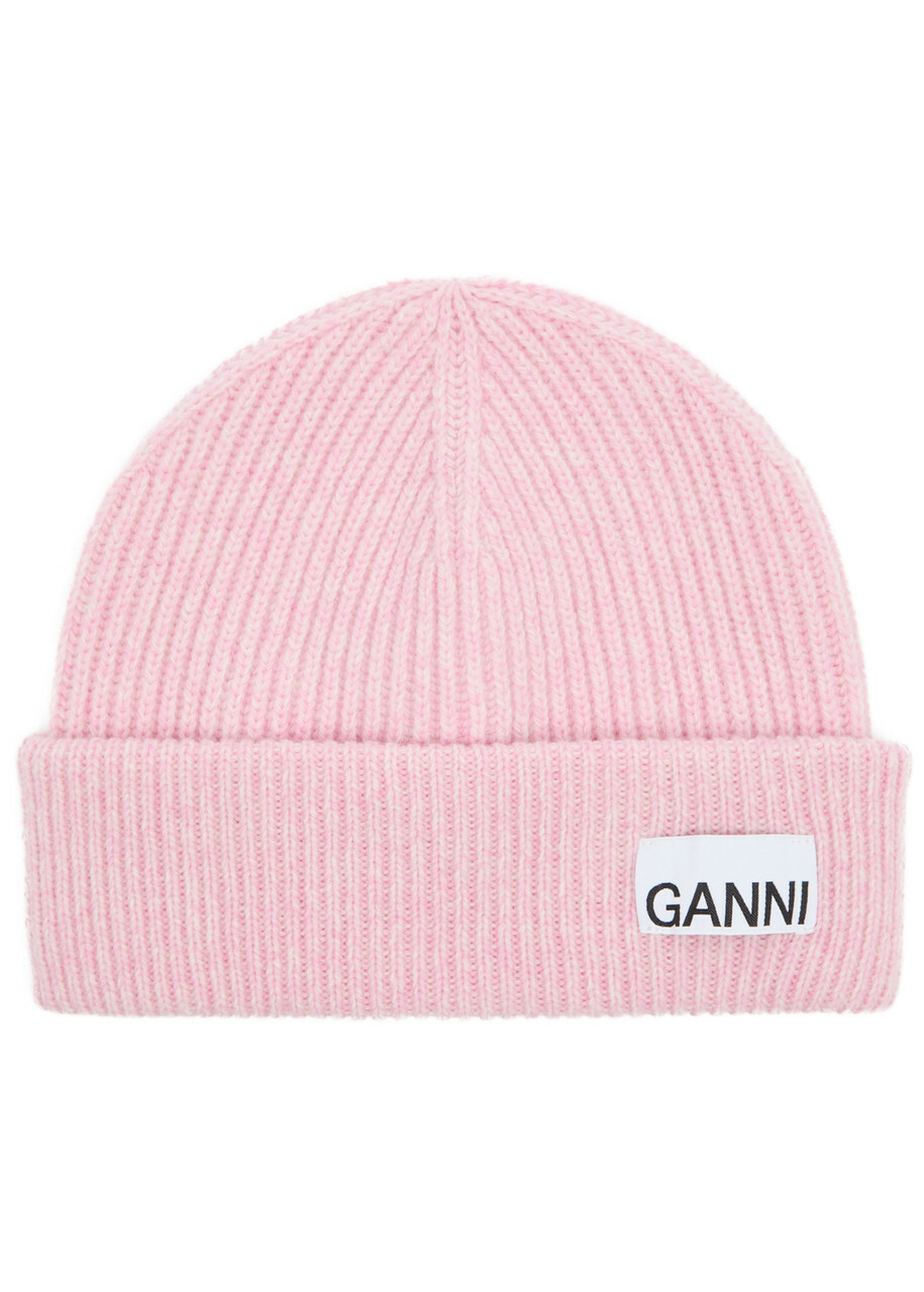Ganni Logo Ribbed Wool-blend Beanie - Pink - One Size