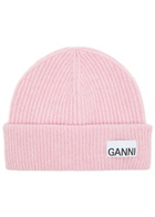 Ganni Logo Ribbed Wool-blend Beanie - Pink - One Size