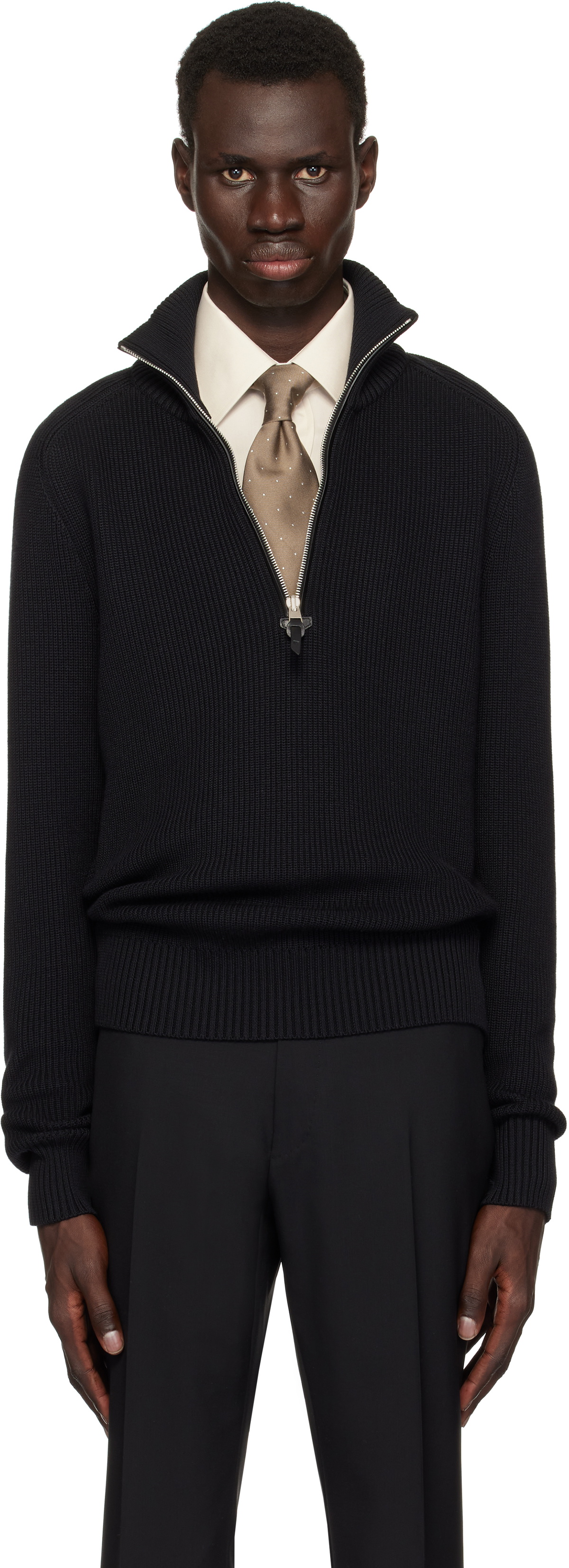 トムフォード ブラック ブルゾン/セーター TOM FORD Black Silk Merino Rib Quarter Zip Sweater TOM FORD