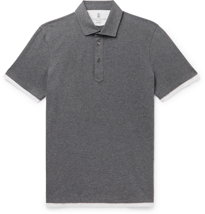Photo: Brunello Cucinelli - Slim-Fit Layered Mélange Cotton-Jersey Polo Shirt - Gray