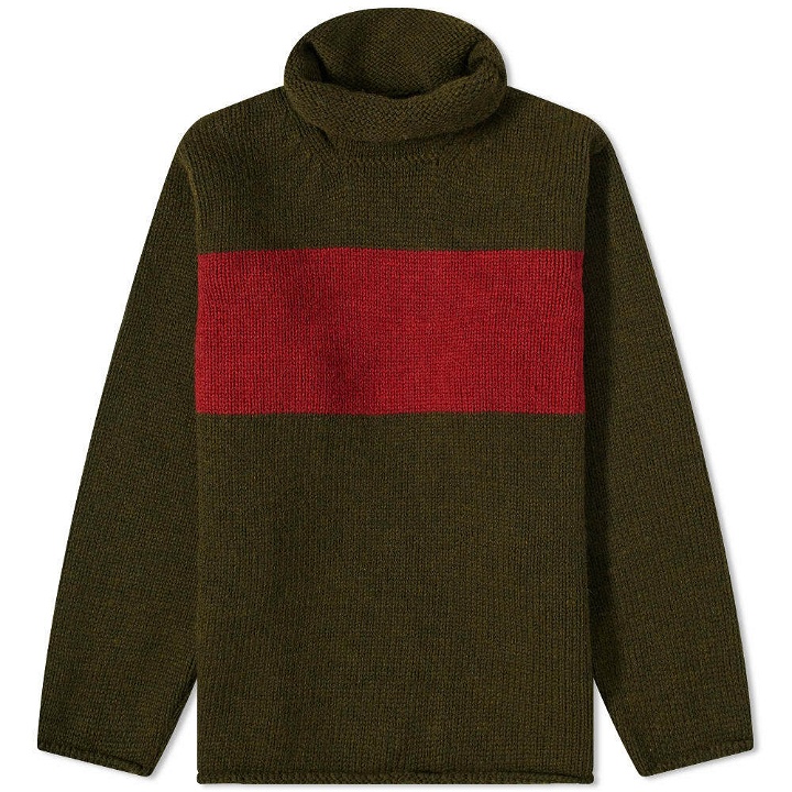 Photo: Nigel Cabourn Men's Striped Rollneck Knit in Army/Red