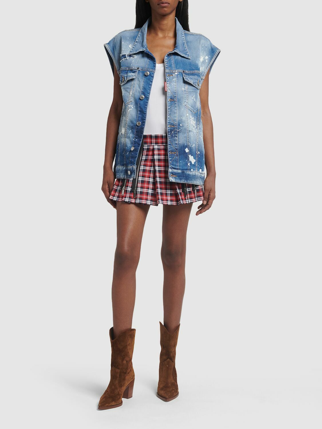 DSQUARED2 - Plaid Cotton Mini Skirt W/ Zips Dsquared2