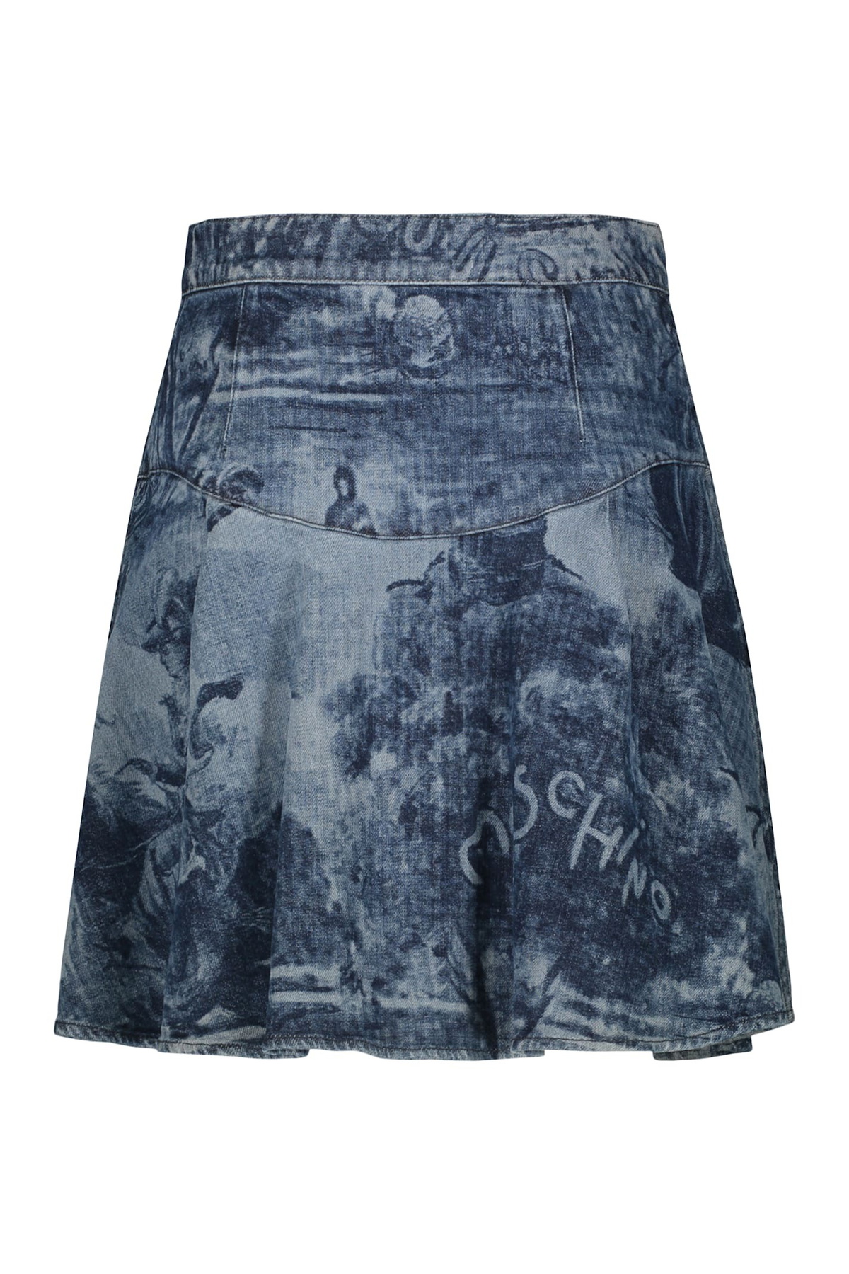 Moschino Jeans Pleated Frilly Mini Denim Skirt with Logo Patch