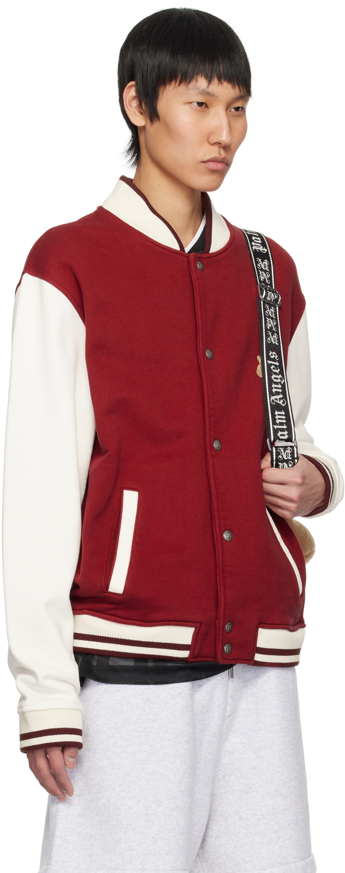 Palm Angels Red & White 'Bear in Mind' Varsity Bomber Jacket