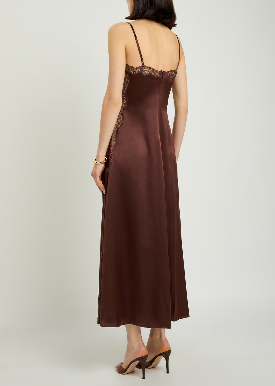 Reformation Ericka Lace-trim Silk Midi Slip Dress Dark Brown