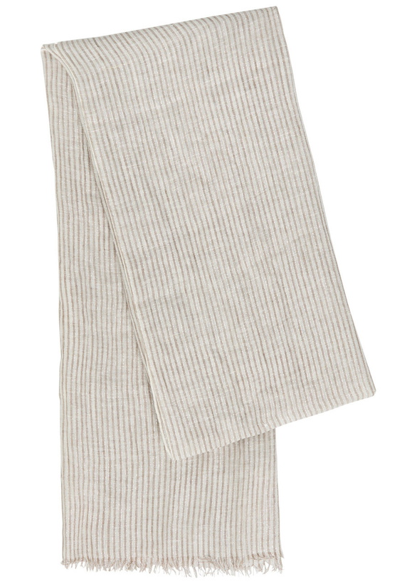 Photo: Brunello Cucinelli Striped Metallic Linen-blend Scarf - Beige - One Size