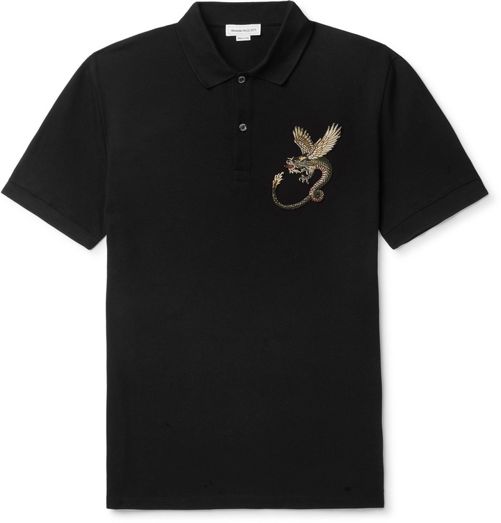 Photo: Alexander McQueen - Slim-Fit Embroidered Cotton-Piqué Polo Shirt - Black