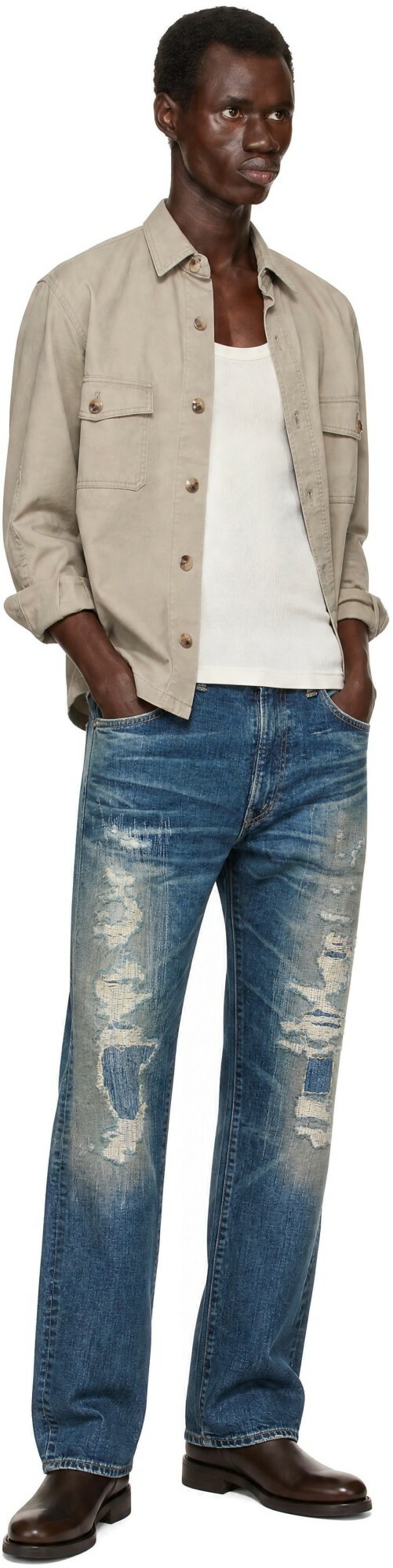 RRL Blue High Slim Distressed Jeans
