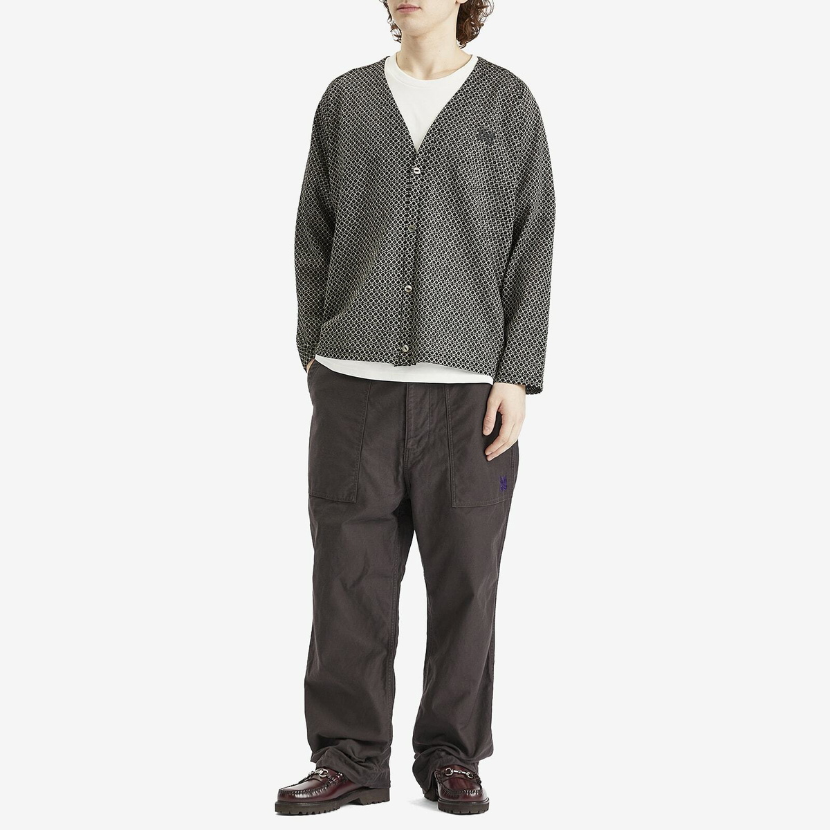Needles Men's Woven V-Neck Cardigan in Black/Natural Grid