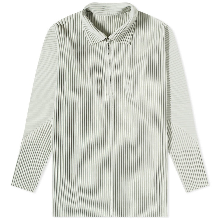 Photo: Homme Plissé Issey Miyake Men's Long Sleeve Pleat Quarter Zip Polo Shirt in Frosty Grey