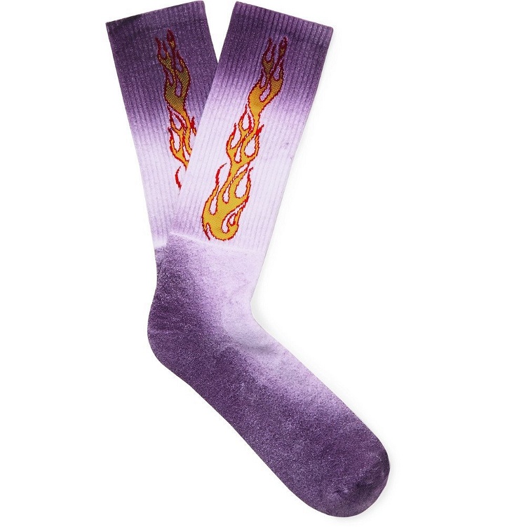 Photo: Palm Angels - Tie-Dyed Intarsia Stretch Cotton-Blend Socks - Purple