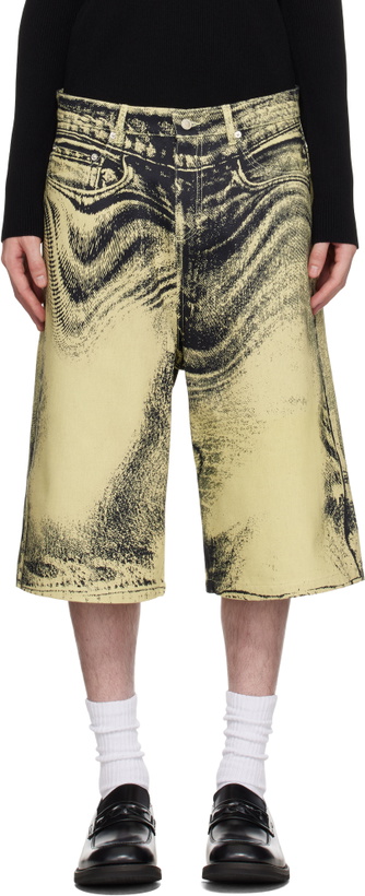Photo: CAMPERLAB Yellow & Black Distorted Denim Shorts