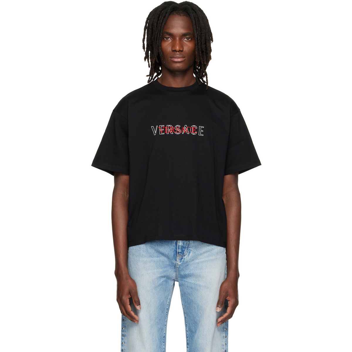 Versace Black Embroidered-Logo Cotton-Jersey Regular T-shirt