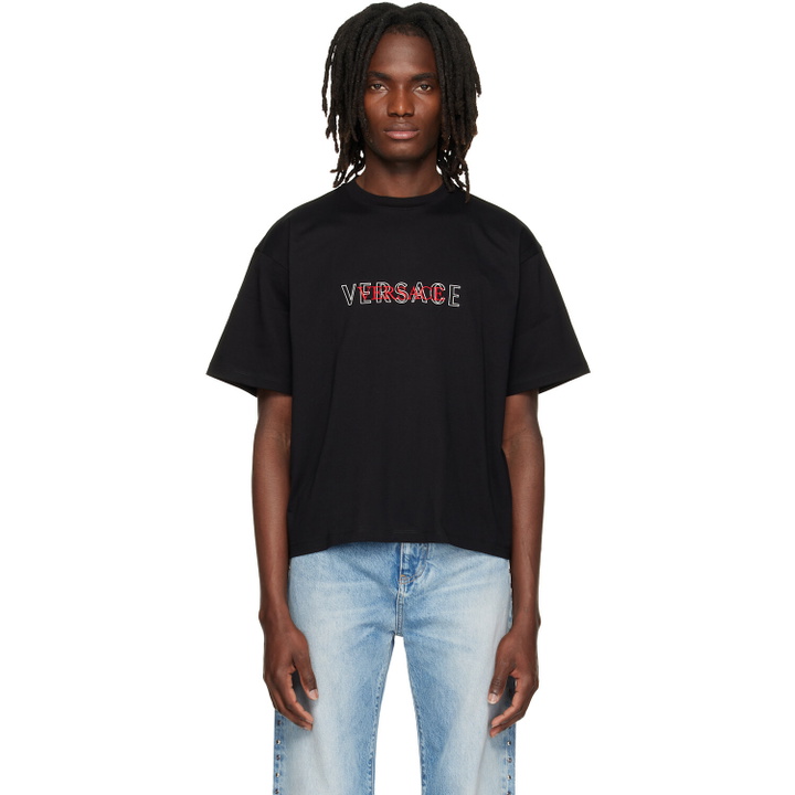 Photo: Versace Black Embroidered-Logo Cotton-Jersey Regular T-shirt