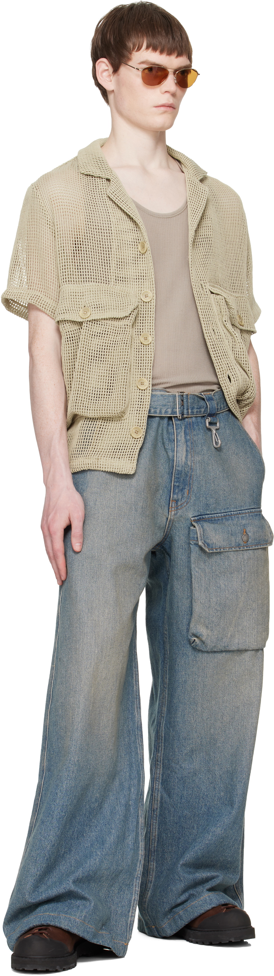 Reese Cooper Khaki Crochet Knit Short Sleeve Cargo Shirt