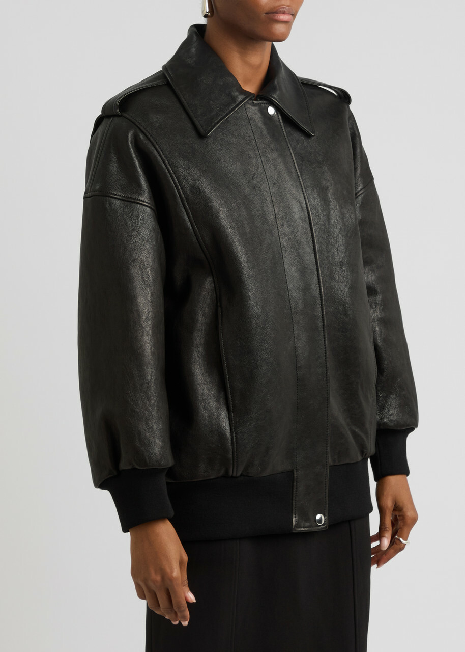 Alexander Mcqueen Padded Grained Leather Aviator Jacket Black