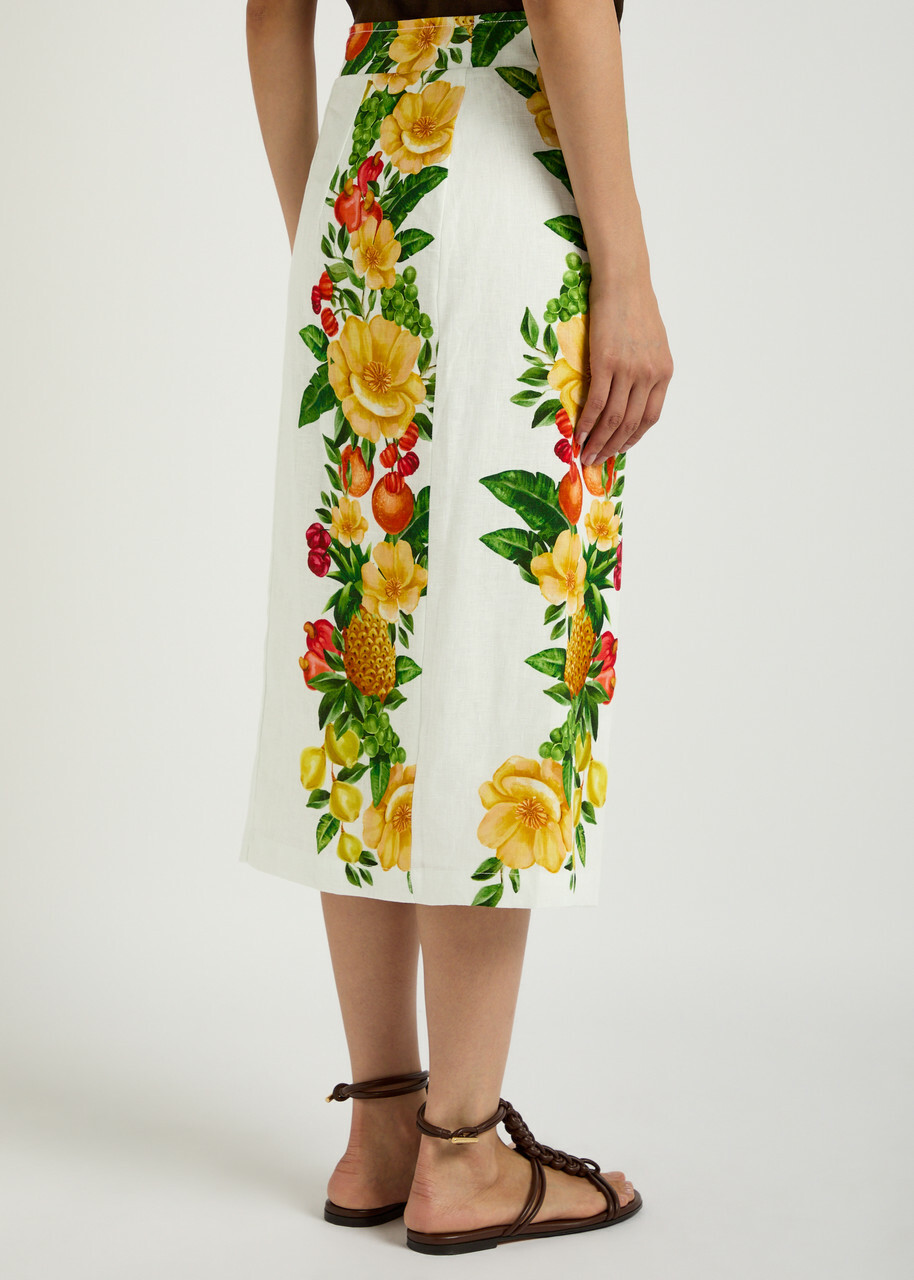 Farm Rio Picnic Flowers Printed Linen Midi Skirt White