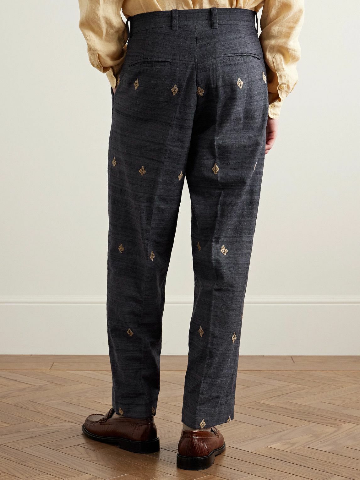 Kartik Research - Straight-Leg Pleated Embroidered Silk Trousers - Gray