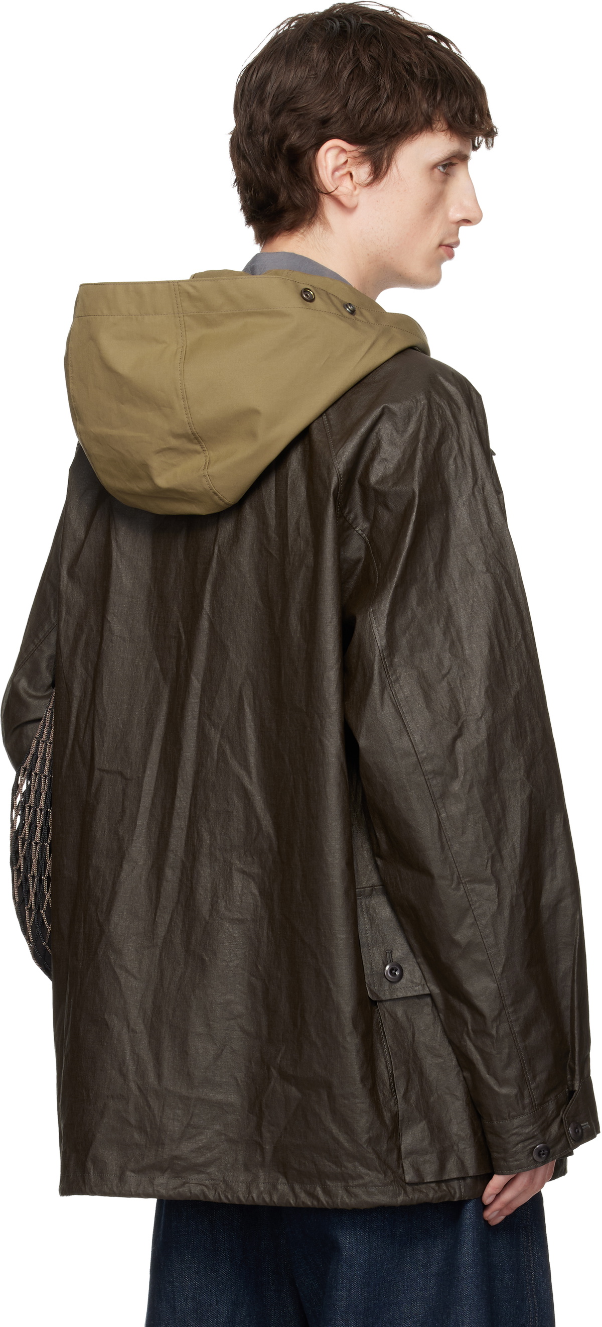 LEMAIRE Brown Detachable Hood Coated Technical Linen Rain Jacket