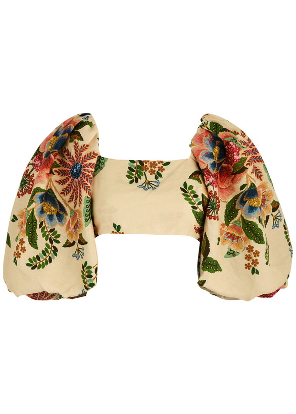 Photo: Farm Rio Delicate Garden Printed Cropped Linen top Cream