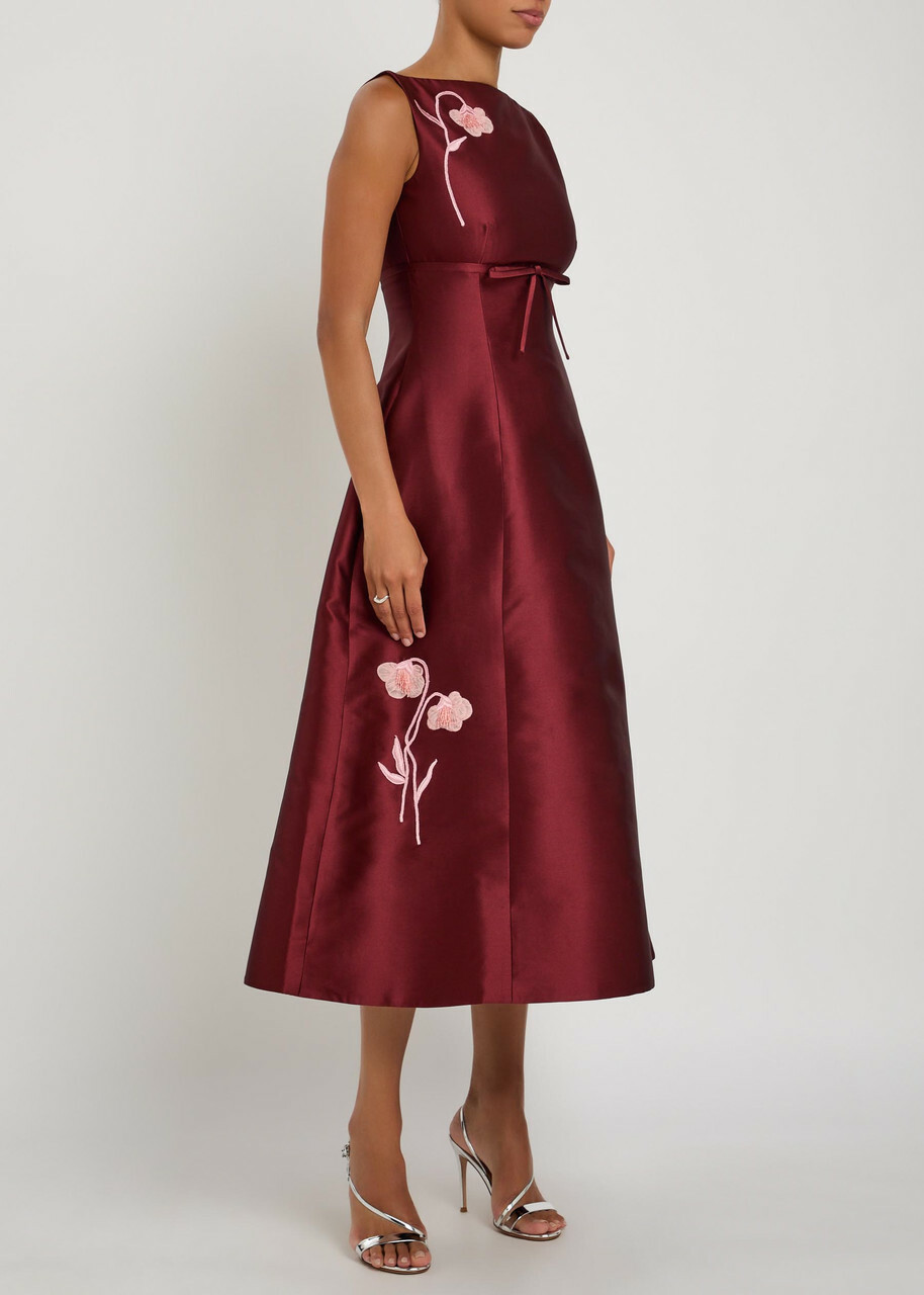 Erdem Floral-embroidered Mikado Satin Midi Dress Bordeaux