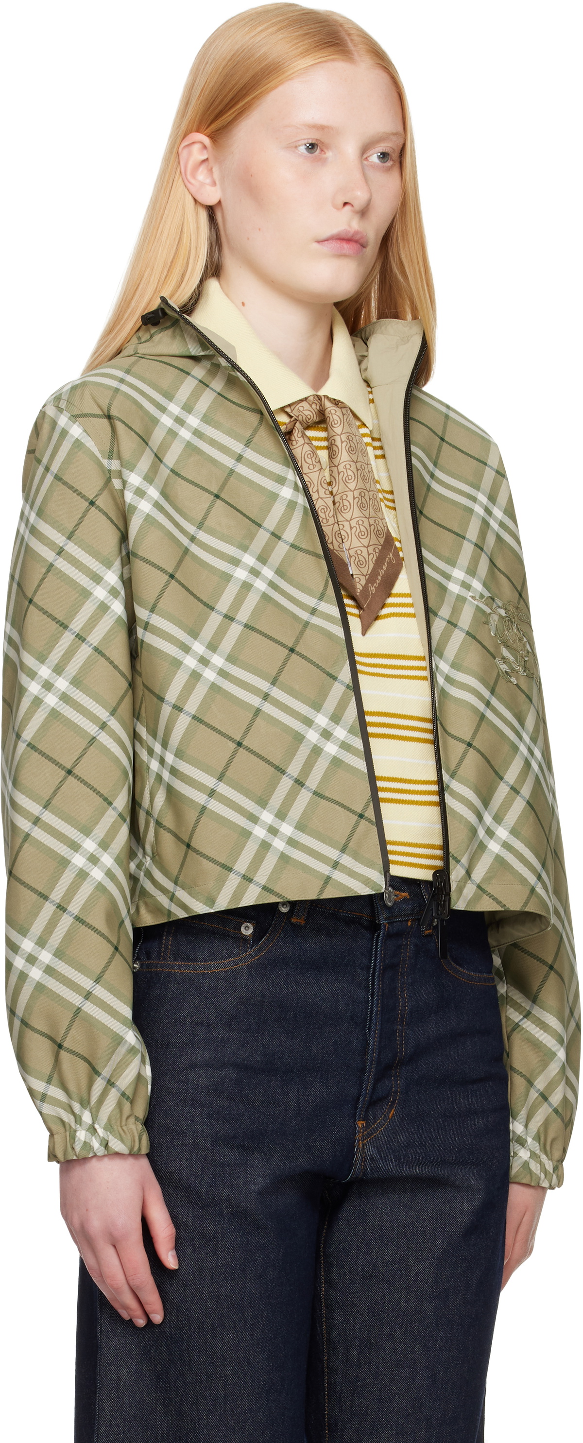 Burberry Green Cropped Check Reversible Hoodie