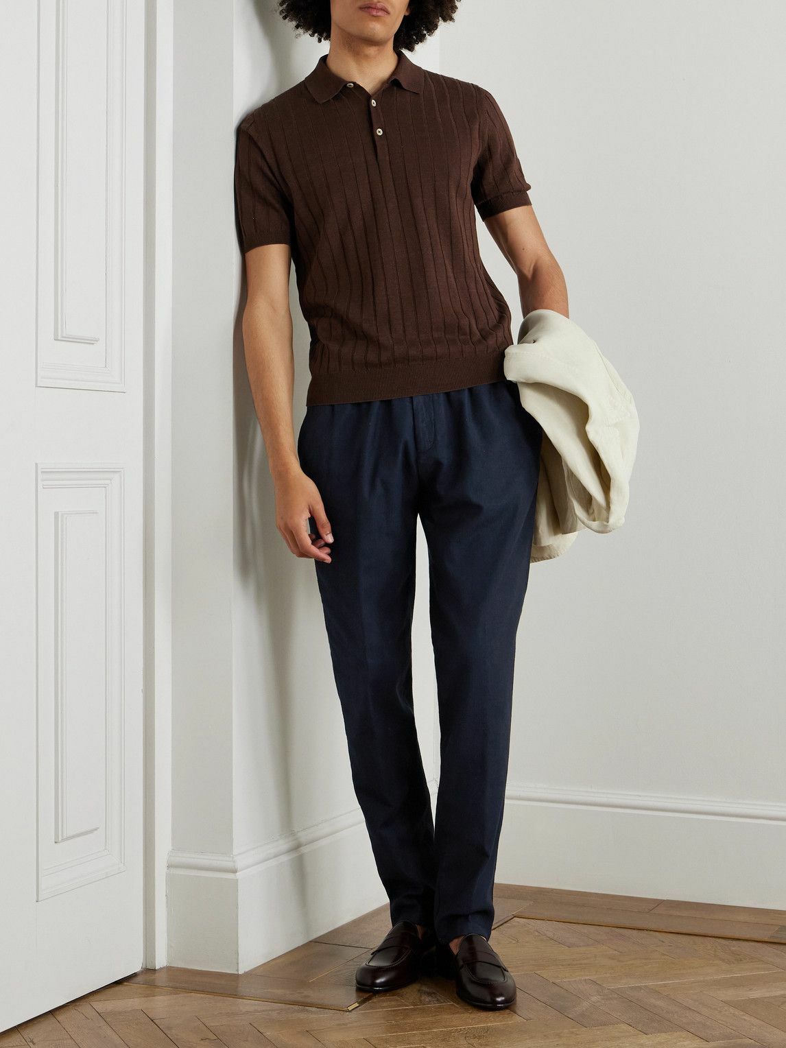 Boglioli - Tapered Herringbone Stretch Linen and Cotton-Blend Trousers - Blue