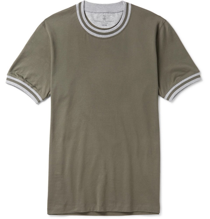 Photo: Brunello Cucinelli - Slim-Fit Stripe-Trimmed Cotton-Jersey T-Shirt - Men - Green