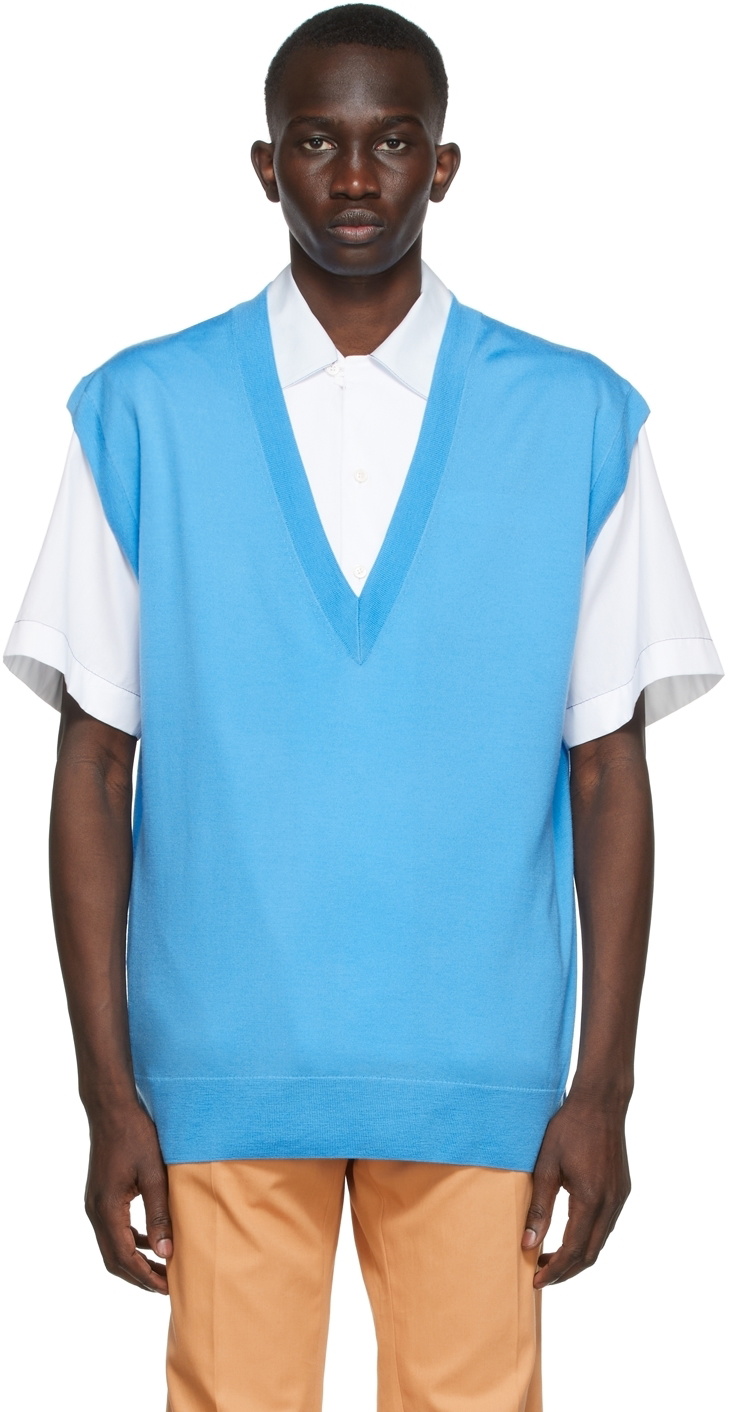 Dries Van Noten Blue Merino V-Neck Sweater Vest Dries Van Noten
