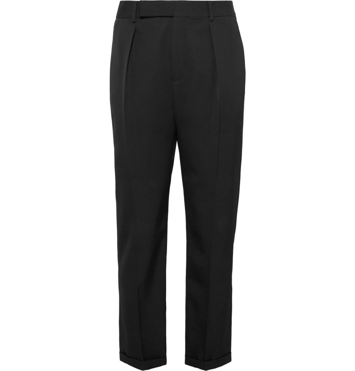Photo: SAINT LAURENT - Black Slim-Fit Tapered Pleated Wool-Gabardine Trousers - Black