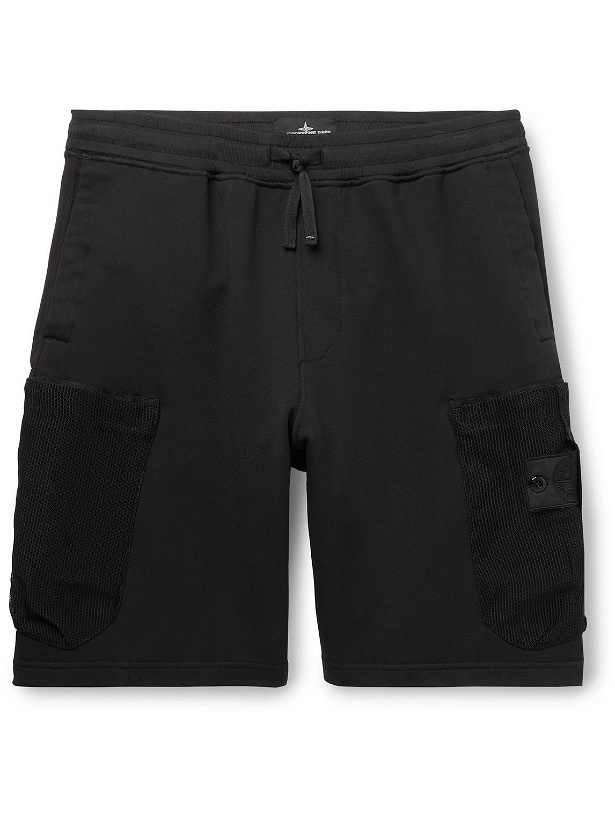 Photo: Stone Island Shadow Project - Wide-Leg Logo-Appliquéd Corduroy-Panelled Cotton Cargo Shorts - Black