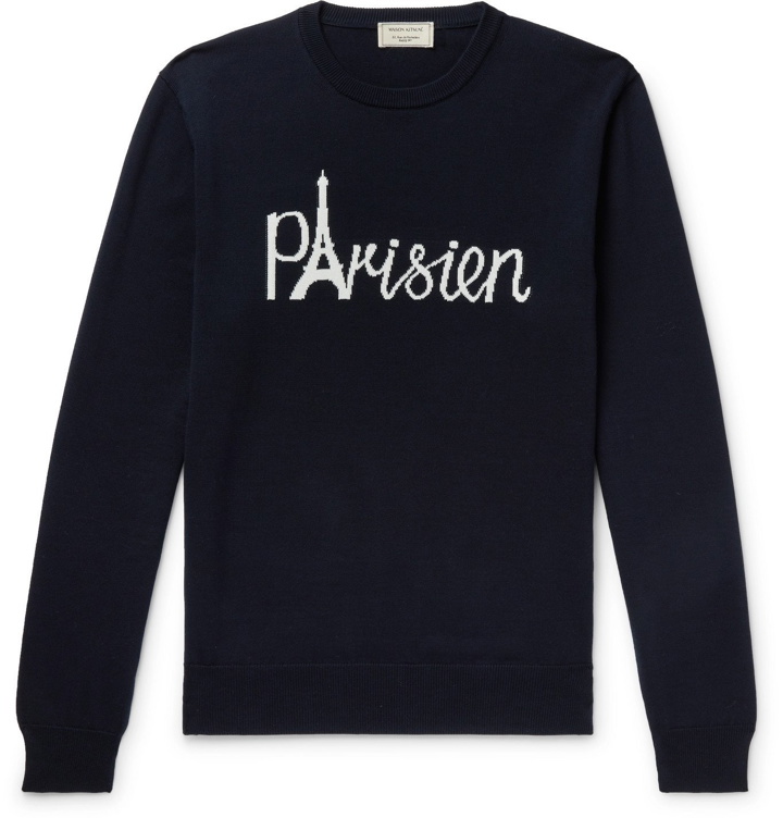 Photo: Maison Kitsuné - Slim-Fit Intarsia Cotton Sweater - Blue