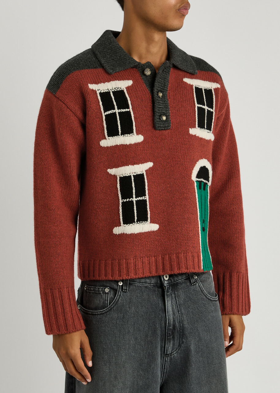 JW Anderson House-intarsia Wool Polo Jumper Dark Brown