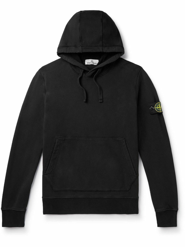 Photo: Stone Island - Garment-Dyed Logo-Appliquéd Cotton-Jersey Hoodie - Black