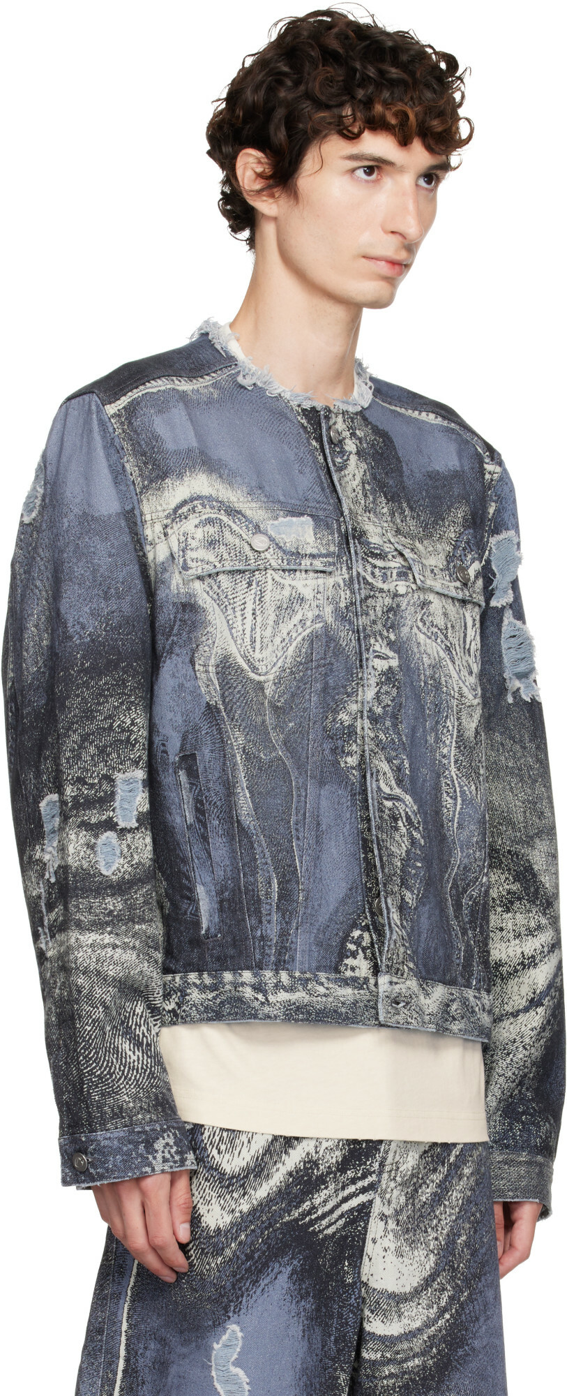 CAMPERLAB Blue Distorted Print Distressed Denim Jacket