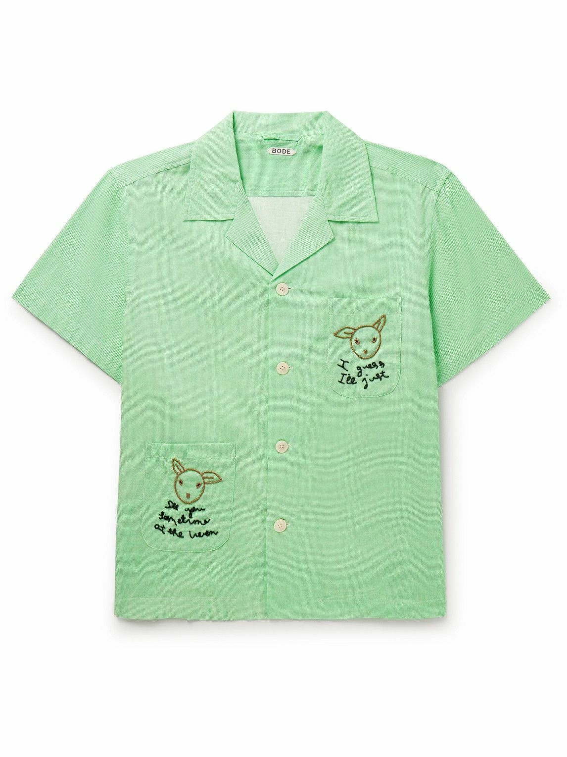 Photo: BODE - See You at the Barn Camp-Collar Bead-Embellished Checked Cotton Shirt - Green