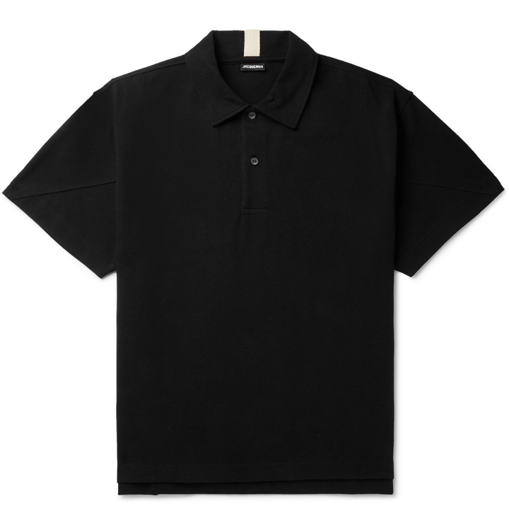 Photo: JACQUEMUS - Terraio Herringbone Tape-Trimmed Cotton-Piqué Polo Shirt - Black