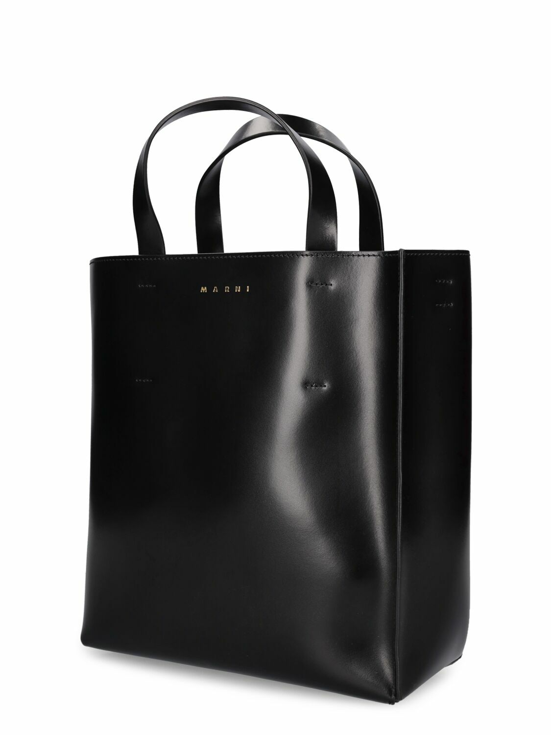 MARNI Museo Small leather Logo foil stamped tote bag Handbag black