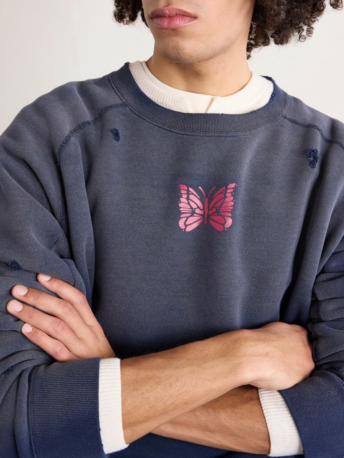 Needles - Logo-Print Distressed Cotton-Jersey Sweatshirt - Blue