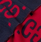 Gucci - Fringed Logo-Jacquard Brushed Wool and Silk-Blend Scarf - Navy