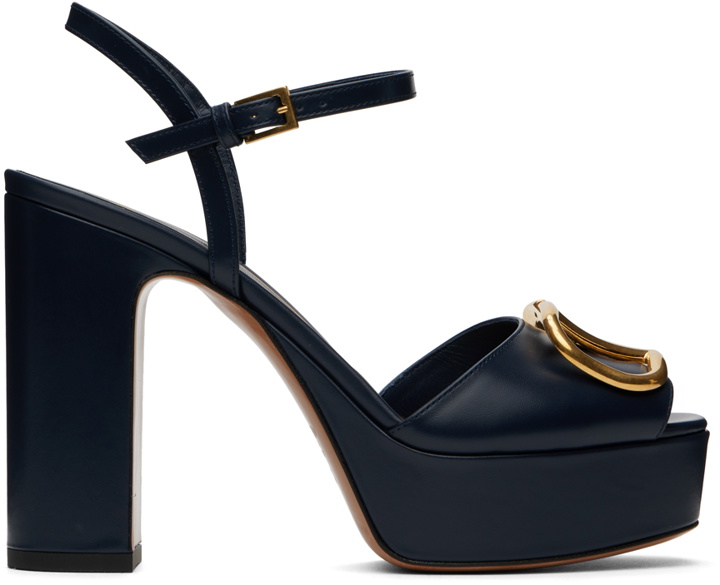 Photo: Valentino Garavani Navy VLogo Platform Heeled Sandals