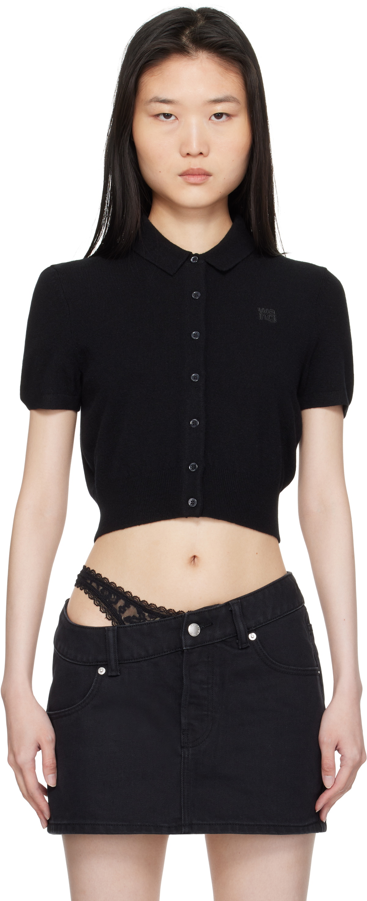 alexanderwang.t Black Logo Embroidered Polo Cardigan
