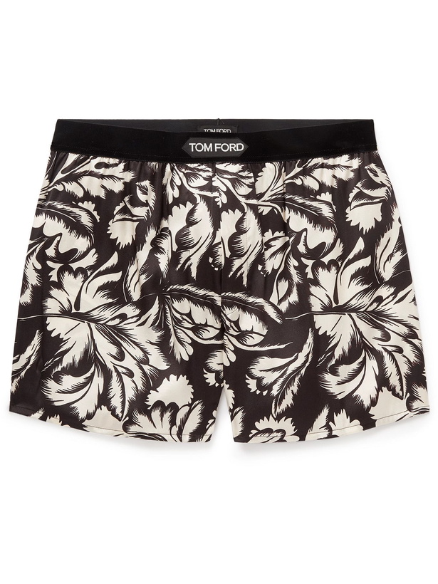 Photo: TOM FORD - Velvet-Trimmed Floral-Print Stretch-Silk Satin Boxer Briefs - Black