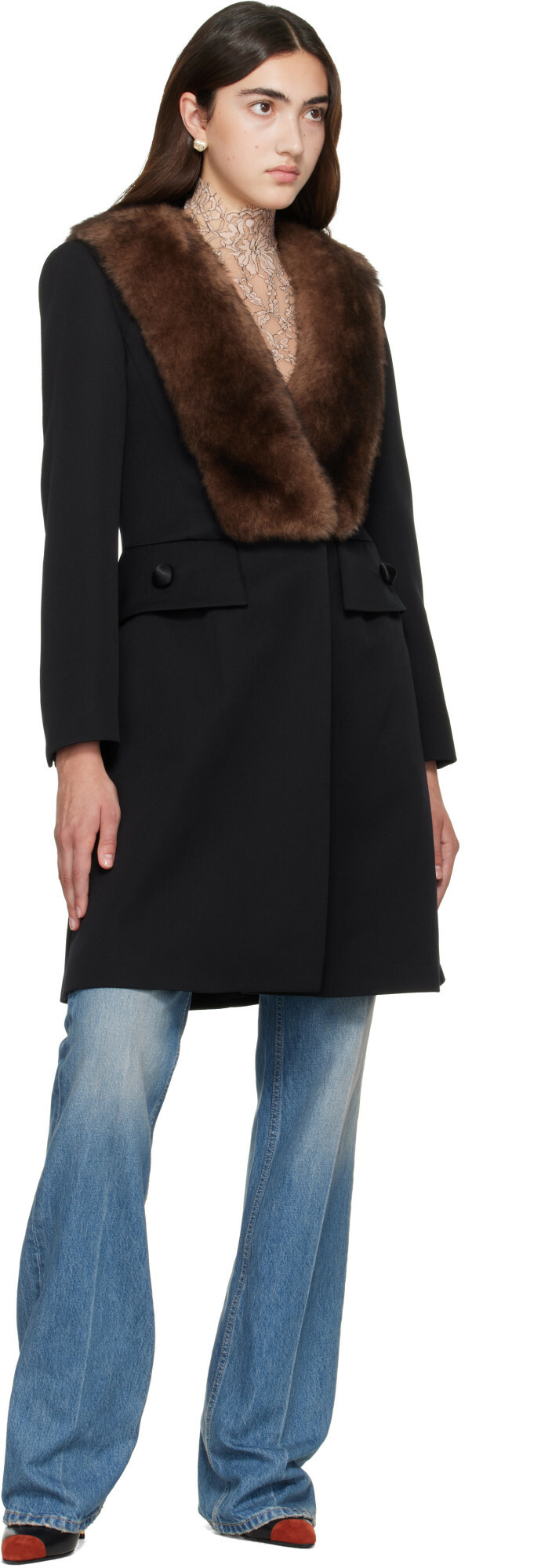 Valentino Black Shearling Collar Coat